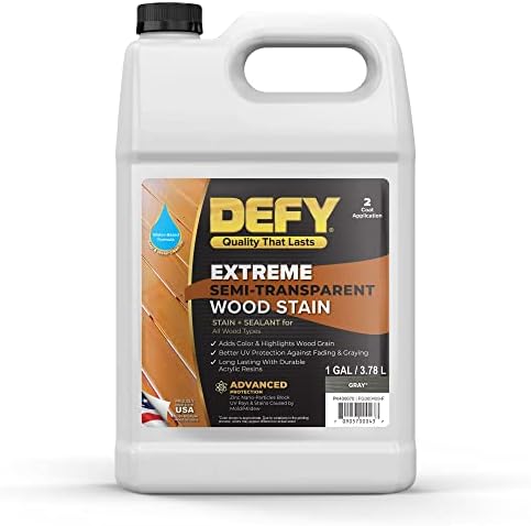 DEFY Extreme Semi-Transparent Outdoor Wood Stain and Sealer in One, Gray, 1 Gallon - Fence Stain, Deck Stain and Sealer for All Wood Types