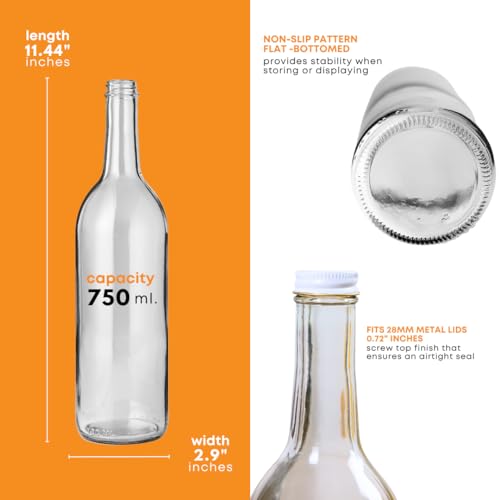 750ml Clear Glass Bottles with Lids, W5 Bordeaux 12-Pack, White Screw Caps | 12 flint flat-bottomed Glass Wine Bottles for home winemaking