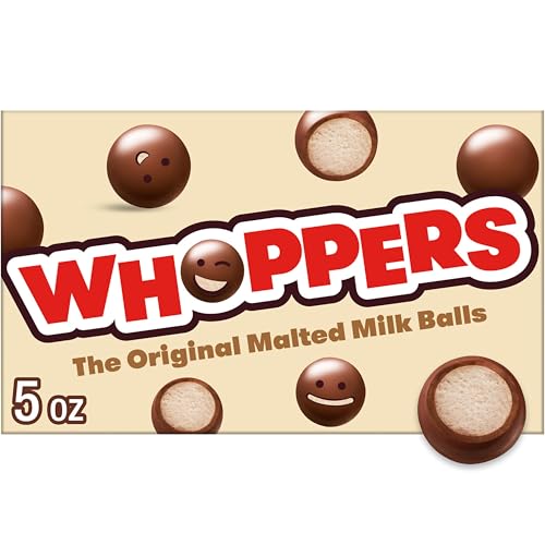 WHOPPERS Malted Milk Balls Candy Box, 5 oz | Crunchy malted milk balls coated in chocolate flavored candy for movie nights and snack breaks.