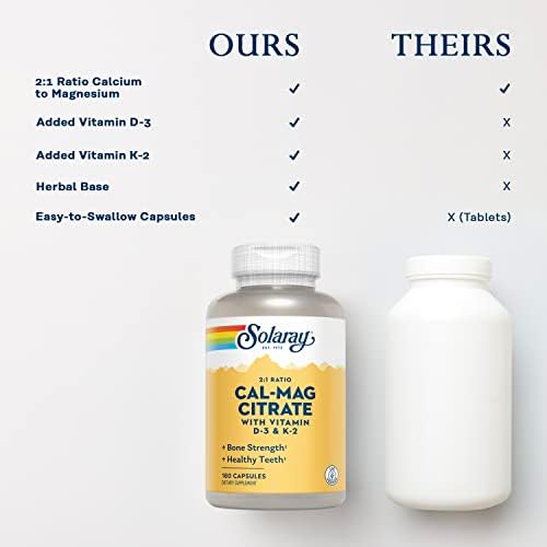 SOLARAY Calcium Magnesium Citrate 2:1 with Vitamin D3 K2, 180 Capsules | Bone, Heart