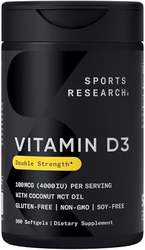Sports Research® Vitamin D3 5000iu/125mcg with Coconut Oil, 360 Softgels | Extra Strength Vitamin D Supplement | Immune, Bone, Mood Support | Non-GMO, Soy Free - 360 Servings
