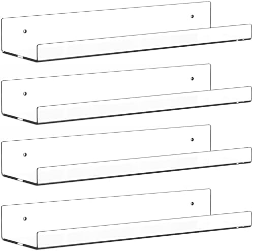 2 Pack Clear Acrylic Shelves for Wall with Adhesive, 15 Inch No Drill Floating Shelves for Bathroom, Bedroom, Renter Friendly, Kids Room Bookshelf