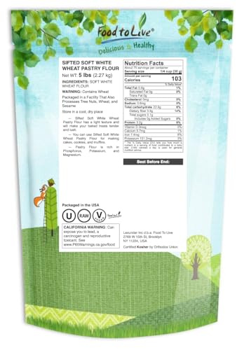 Food to Live Unbleached White Fine Pastry Flour, 2 Pounds – Stone Ground from Soft White Whole Wheat Berries, Finely Milled and Sifted, Unbromated