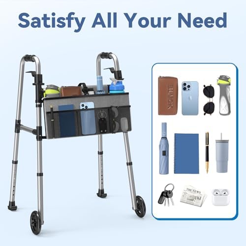 Loyoda Folding Walker with Basket and Glide Skis, 5" Wheels, Lightweight | Standard Walker for Seniors and Adults, Offers 8 Height Adjustments (31"-38"), Supports up to 350 lbs