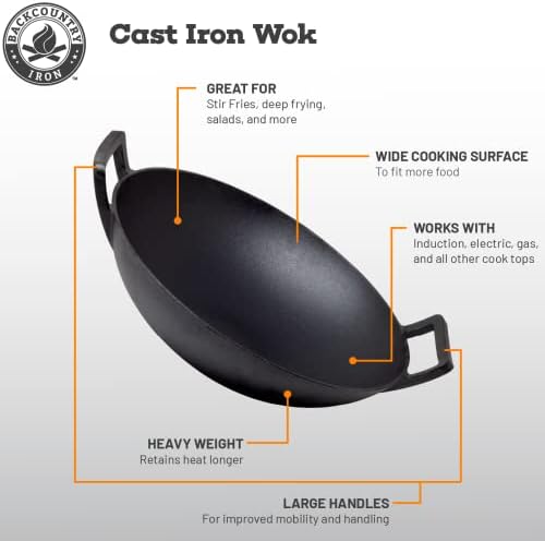 14 inch Cast Iron Wok with Flat Base and Handles