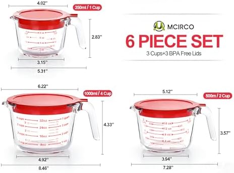 M MCIRCO 6 Pcs Glass Measuring Cups with Lids Set, 1 Cup, 2 Cup, 4 Cup | Measuring Jugs with Handle, Nesting Liquid Measuring Cups for Kitchen