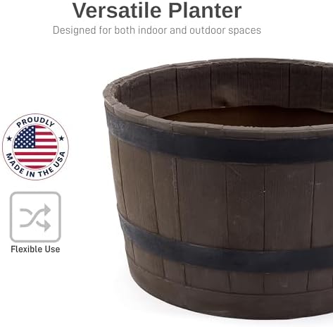 RTS Companies Home Accents 24" Whiskey Barrel Planter, Durable Polyethylene Indoor/Outdoor Flower Pot, Weather-Resistant Plastic Garden Planter, Black, 1-Pack