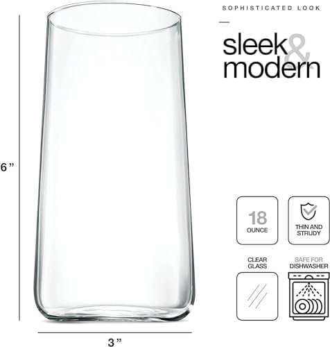 BENETI Modern Tall Drinking Glasses Set of 6 | Handmade In Europe | 18oz Premium Highball Crystal Glass Cups for Water and Juice