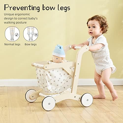 labebe Baby Push Walker, Wooden Shopping Cart with Doll Seat for Toddlers