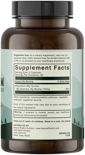 Natural Rhythm Triple Calm Magnesium Complex - 120 Capsules, Chelated Magnesium Glycinate, Taurate & Malate, High Absorption Supplement for Sleep, Stress, Muscle & Heart Support, Non-GMO, Vegan