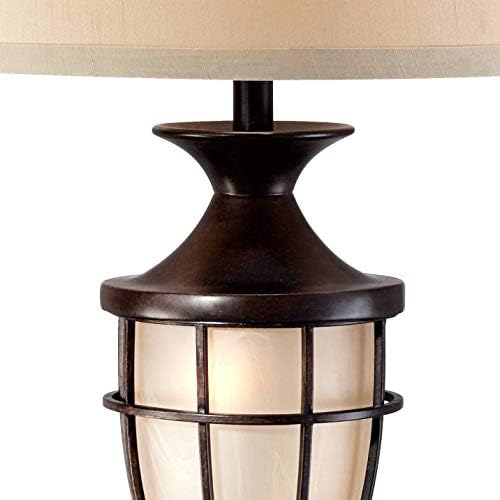 Cage 33" Large Table Lamp Mission Night Light Champagne Nightlight | Brushed Bronze Brown Iron Glass Living Room Bedroom House Bedside Nightstand Home Office Entryway Beige Drum
