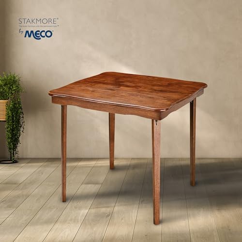 Stakmore Stylish Durable Versatile Square Folding Table, Cherry | Solid Wood Scalloped Edge Compact Traditional Card Table for Home Use