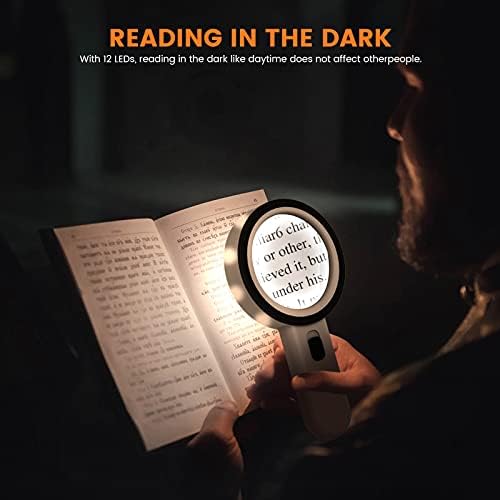 AIXPI Magnifying Glass with Light, Double-Layer Glass Lens Handheld Large Magnifying Glass 12 LED Lighted Magnifier for Seniors Reading, Coins