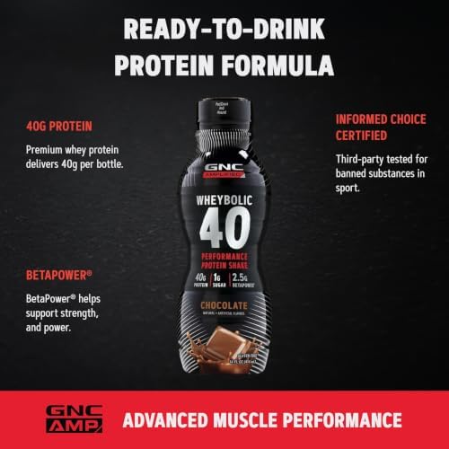 GNC AMP Wheybolic 40, Chocolate, 14 oz, 12 Bottles | Ready to Drink Whey Protein with 40G Protein and Betapower to Support Strength