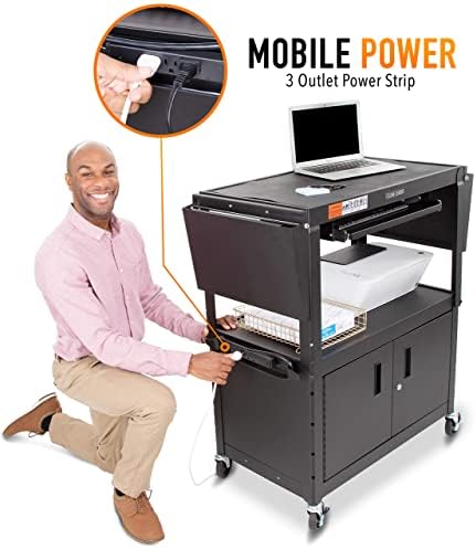 Line Leader AV Cart w/Locking Cabinet, Black Metal Utility Cart with Storage Shelf - Height Adjustable, Mobile and Great for Offices, Classrooms, Libraries (Black, 24in x 18in)