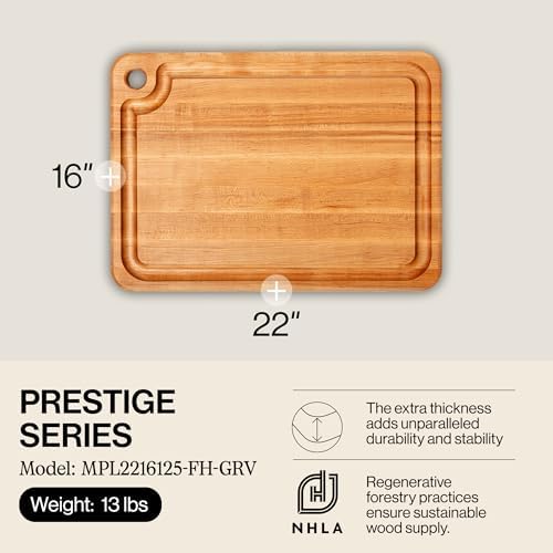 John Boos Prestige Series Rectangular Wooden Maple Cutting Board 16”x10” – 1.25” Thick, 6-lb Reversible Butcher Block with Juice Groove, Edge-Grain & Finger Grip Hole – Made in the USA | 1.25” Thick, 6-lb Butcher Block with Juice Groove, Edge-Grain & Fin…