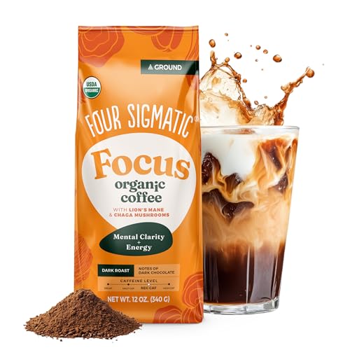 Four Sigmatic Organic Focus Mushroom Ground Coffee | Dark Roast, Organic Coffee with Lion's Mane & Chaga Mushroom for Mental Clarity & Energy Support | 12oz Bag