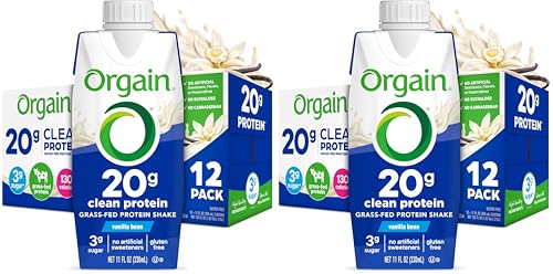 Orgain 20g Clean Grass Fed High Protein Shake, Vanilla, 11 oz, 12pk | Ready to drink dairy grass fed high protein, non-GMO, no soy ingredients, gluten-free, kosher, low net carbs
