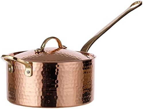 DEMMEX 1.2mm Thick Hammered Uncoated Copper Saucepan with Lid & Helper Handle, Food-Safe Tin Lined (1.7-Quart)