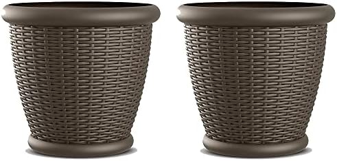 Suncast Wicker Planter w/ Drillable Drain Holes, Decorative Indoor/Outdoor Pot, 18in, Java