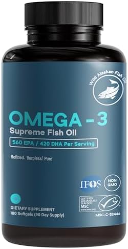 Omega-3 Supreme 1400 mg Wild Alaskan Fish Oil | Enteric Coated, Burpless | MSC Certified High EPA DHA, Improved Absorption & Heavy Metal Tested (3 Mo Supply,180 Softgels)