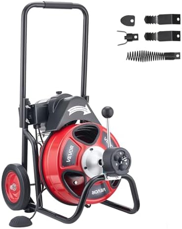 VEVOR Drain Cleaner Machine 75 FT x 3/8 Inch, Auto Feed Sewer Snake Auger on Wheels, Portable Drain Cleaning Machine with 4 Cutters & Air-activated Foot Switch for 2" to 4" Pipes