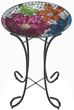 Alpine Corporation 24" Tall Outdoor Floral Mosaic Glass Birdbath with Metal Stand and Detachable 18 Inch Diameter Bowl, Garden Decor