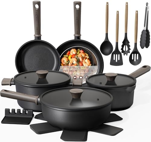 Astercook 19 Pcs Pots and Pans Set Non Stick, Black Titanium Induction Kitchen Cookware Sets