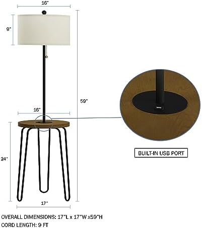Lavish Home Floor Lamp with Built-In End Table, Brown/Black, 17” x 59” | Modern Side Table with USB Charging Port, LED Bulb, and Hairpin Legs