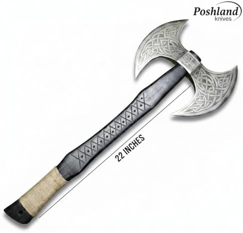 Poshland AX-7000 Custom Gift Forged Carbon Steel Viking Axe with Rose Wood Shaft, Viking Bearded Camping Axe