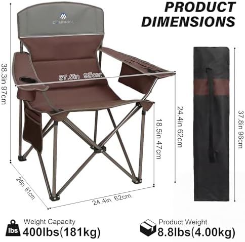 Oversized Camping Chairs 2 Pack - Heavy Duty 400LBS Padded Lawn Chair with Cooler Bag,Cup Holder,Side Pocket,Collapsible for Outdoor,Camp,Fishing & Garden,Dark Green