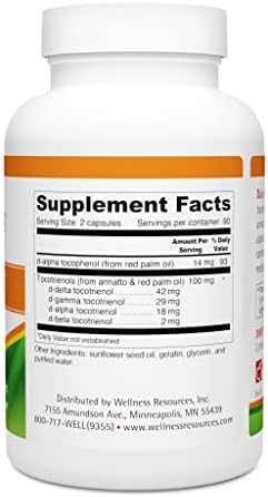 Wellness Resources Daily Super E Tocotrienol Complex - Full Spectrum Vitamin E with Delta, Gamma & Alpha Tocotrienols for Antioxidant Protection, Soy-Free, Natural Source, Non-GMO (180 Caps)