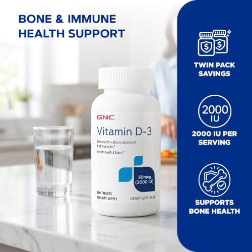 GNC Vitamin D-3 2000 IU, Healthy Teeth & Bones, 180 Tablets, Twin Pack