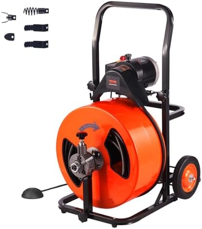 VEVOR 100FT x 3/4 Inch Drain Cleaner Machine Sewer Auger Auto Feed with 4 Cutter & Air-Activated Foot Switch for 4" to 8" Pipes, Orange, Black