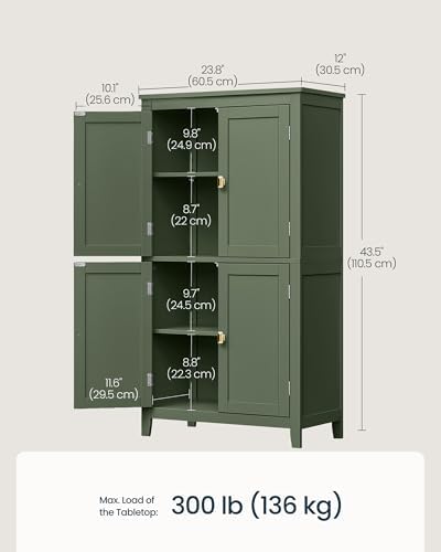 SONGMICS HOME Freestanding Storage Cabinet, Floor Cabinet with Elevated Legs, Metal Handles, for Living Room, Kitchen, Bathroom, Green