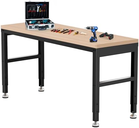 Antifir 60" Adjustable Workbench, Heavy Duty Wood Workstation | Garage Workbench, 2000 LBS Load Capacity, Work Table with Power Outlet and Foot Pads for Commercial, Workshop, Office, Home