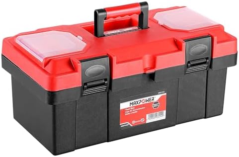 MAXPOWER Small Tool Box, 14-inch Plastic Tool Boxes with Handle | Removable Tray with Dual Lock Secured, Red Toolbox for Home