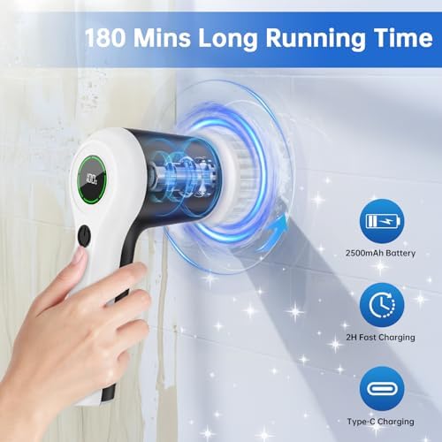 PUFTEM Electric Spin Scrubber, Cordless Shower Scrubber | Battery Level Display, Dual Speed, 6 Replaceable Brush Heads, IPX7 Waterproof, Long Runtime, Tub, Tile & Sink Cleaning