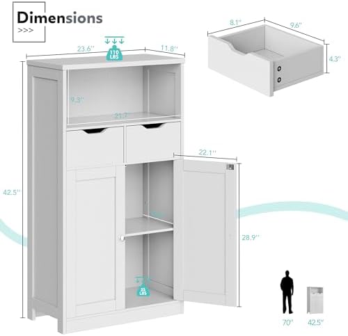 Vongrasig Bathroom Storage Cabinet, 42.5" H Freestanding Floor Cabinet | Wooden Modern Cabinet with 2 Drawers, Open Shelf and Adjustable Shelf for Bathroom, Laundry Room and Entryway, White
