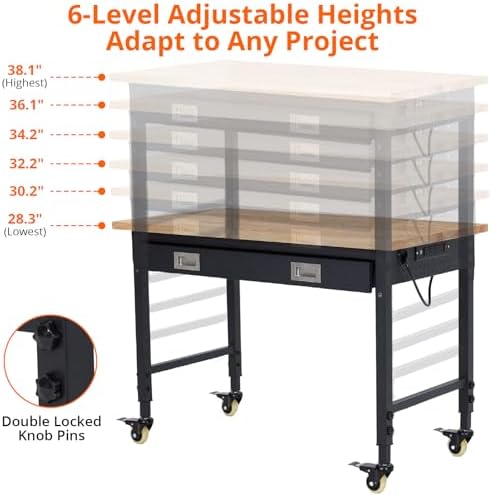 48’’x24’’ Adjustable Workbench,Workbench with Drawers,Darage Workbench with Pegboard,2000 LB Load Capacity,4 Rolling Casters, Power Outlets, Metal Frame,for Garage, Workshop, Home, Office