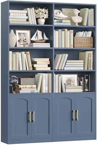 Bookshelf and Bookcase with Doors, Double Wide Large Bookshelves | Industrial Open Display Shelves 6 Tier, 73'' Tall Bookshelf with Storage Cabinets for Office,Home, Living Room, Library,White