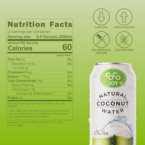 CoCo Joy Natural Coconut Water, Low-Calorie, High-Calcium, Nutrient-Rich Drink 12 pack
