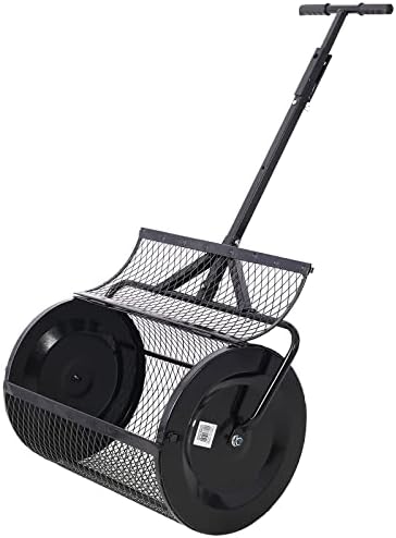 Compost Spreader - 24'' Peat Moss Spreader Manure Spreaders Roller with Adjustable T Shaped Handle Lightweight Metal Mesh Spreader for Lawn Garden Spreading Manure Topsoil, Black 0.5" x 1" Open Slits