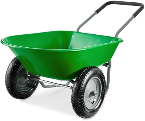 Best Choice Products Dual-Wheel Home Utility Yard Wheelbarrow Garden Cart w/Built-in Stand for Lawn, Gardening, Construction - Green