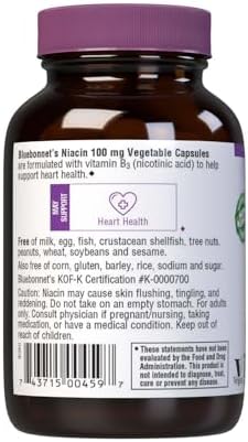 Bluebonnet Niacin 100mg Vitamin B3 Nicotinic Acid - Heart Health Support for Women & Men* - Non-GMO, Vegan, Kosher, Gluten-Free, Soy-Free