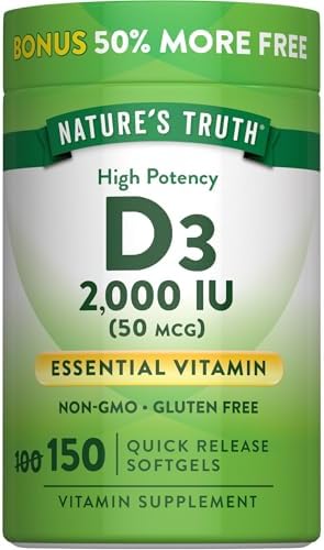 Nature's Truth Vitamin D3 2000 IU Softgels for Adults | 150 Count | High Potency | Non-GMO and Gluten Free Supplement | High Potency | Non-GMO and