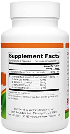 Wellness Resources Daily Super E Tocotrienol Complex - Full Spectrum Vitamin E with Delta, Gamma & Alpha Tocotrienols for Antioxidant Protection, Soy-Free, Natural Source, Non-GMO (180 Caps)