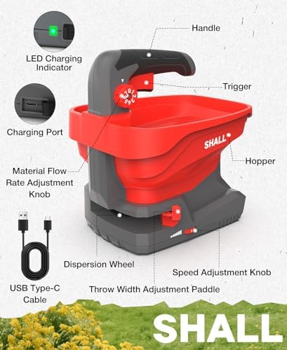 SHALL Battery Powered Fertilizer Spreader, 7.2V Rechargeable Seed Spreader for Salt, De-Icer, Earth Food, Grass Seed