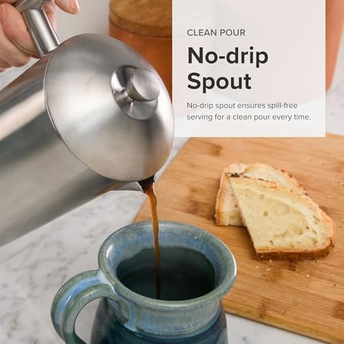 Frieling Double-Walled Stainless Steel French Press Coffee Maker - 36 oz Polished & Insulated Press Pot - Stainless Steel Coffee Maker