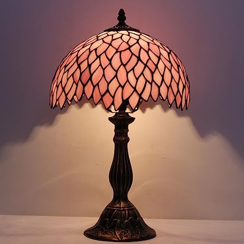 WERFACTORY Tiffany Table Lamp Pink Wisteria Style Stained Glass Desk Light | Bedside Reading Light 12X12X18 Inches Decor Bedroom Living Room Home
